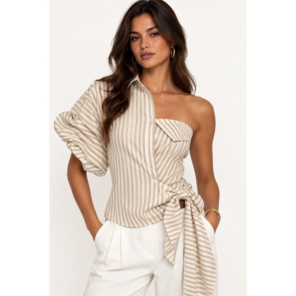 LUXXEL Striped Asymmetrical One Shoulder Tie Front Shirt Top Beige Size S